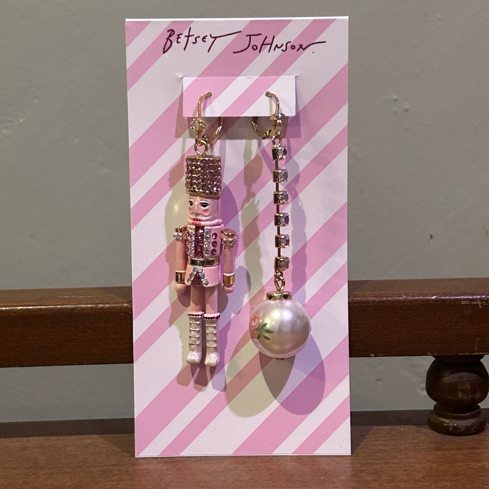 BETSEY JOHNSON Pink Nutcracker Mismatched Earrings With Crystal Accents NWTS - Picture 6 of 7